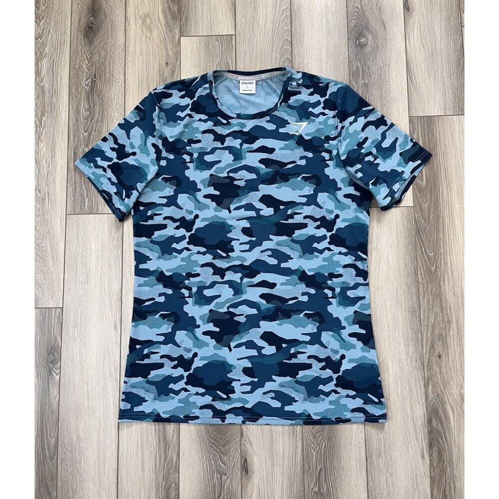 Gymshark Athletic T-Shirt Blue Camo Short Sleeve Men’s Sz Large Gym Performance